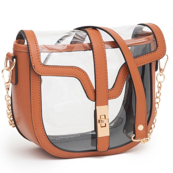 New Brown/Tan Clear Stadium Tote Bag with Vegan Leather Trim Crossbody Purse - Picture 1 of 2